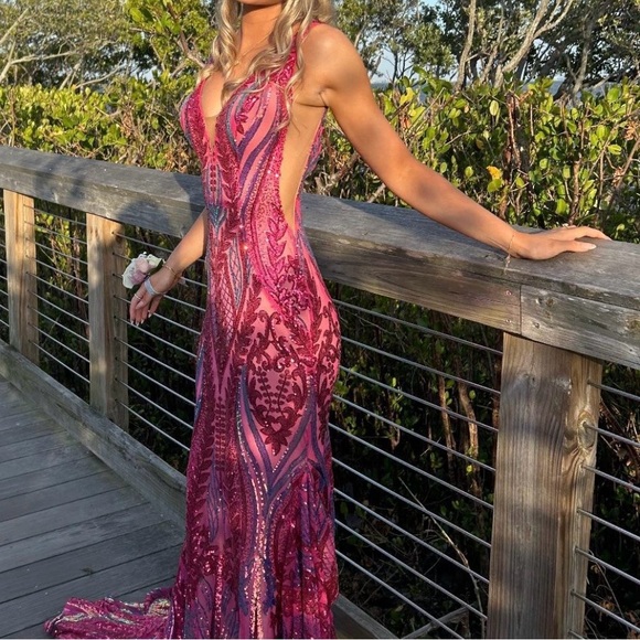 Jovani 22770 Vibrant Pink and Purple Backless Dress